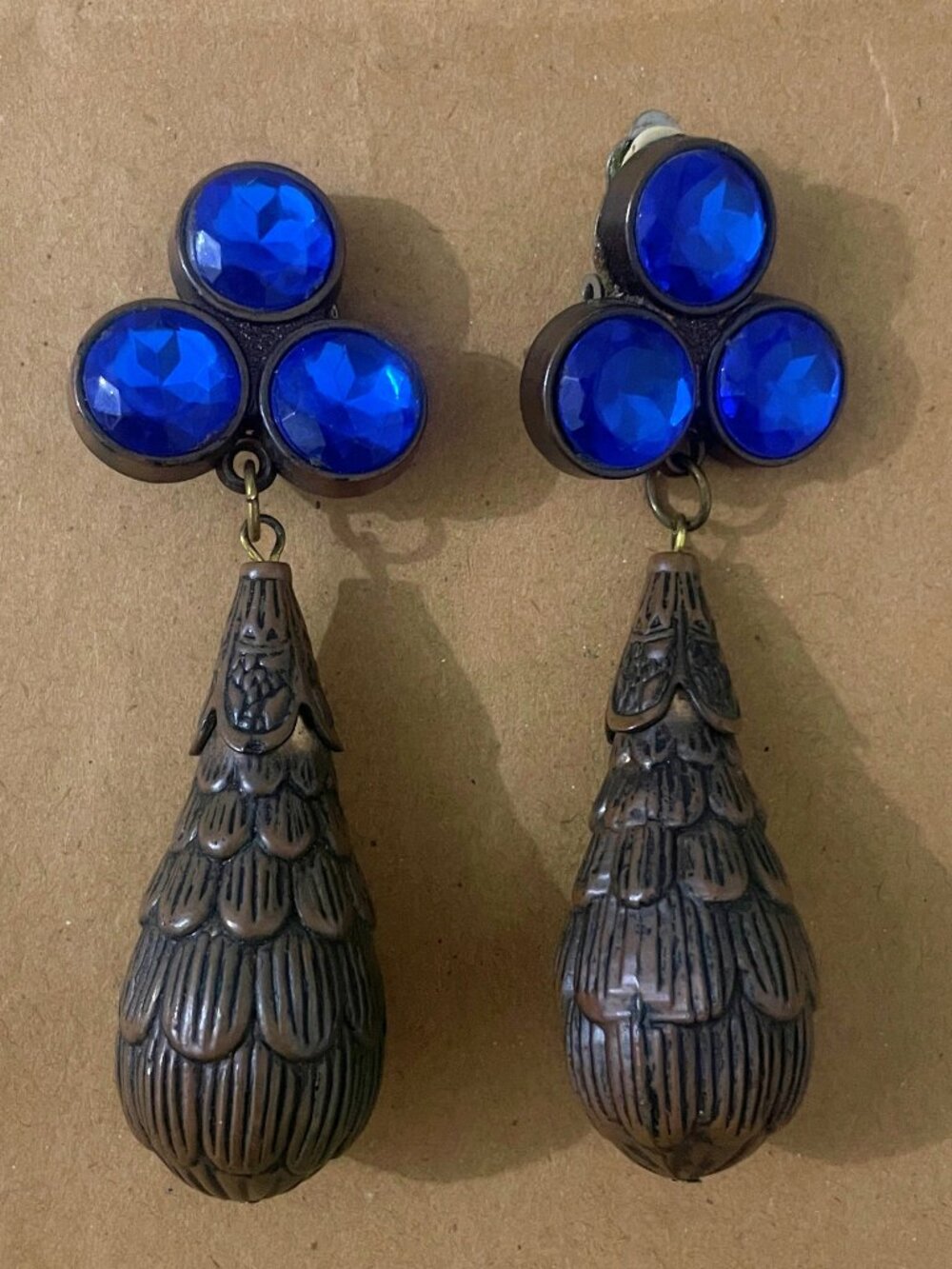 Vintage Clip On Royal Blue Rhinestone and Old Gold Dangle Earrings